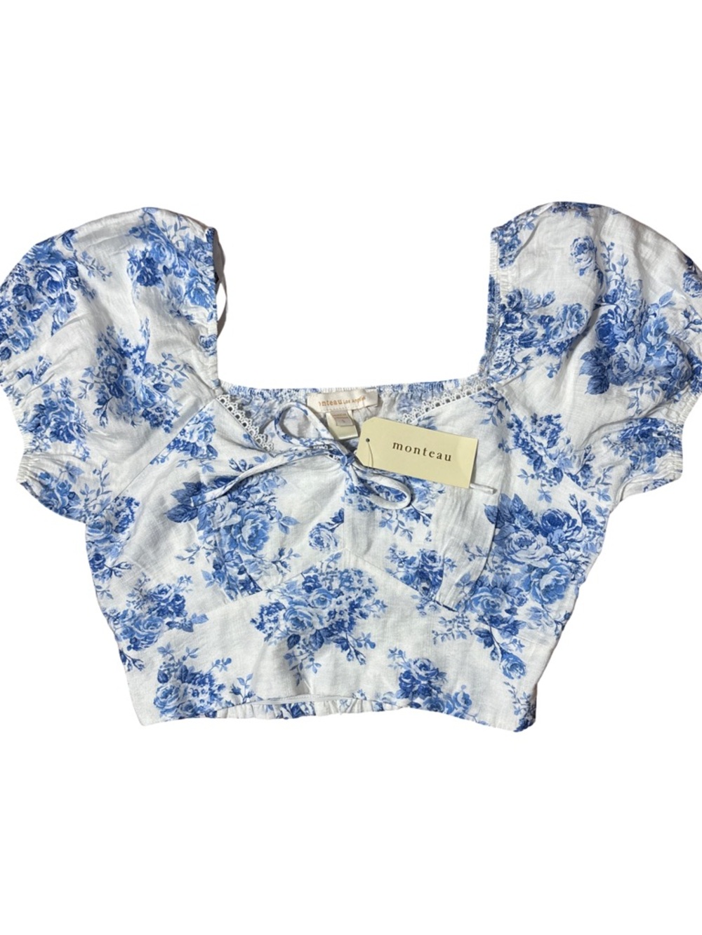 Monteau Blue White Floral Puff Sleeve Crop Top